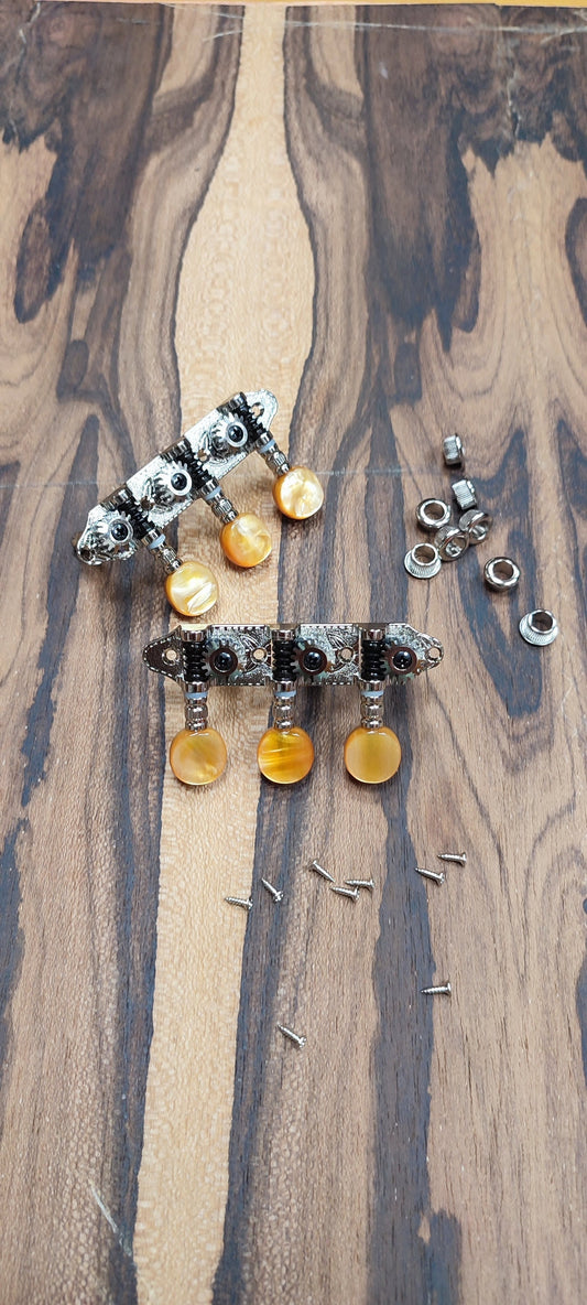 Baglamas/Bouzouki machine heads ~ Grover style Professional 6string Baglama/Bouzouki tuners ~ Nickel Colour & Brown Pearl Button