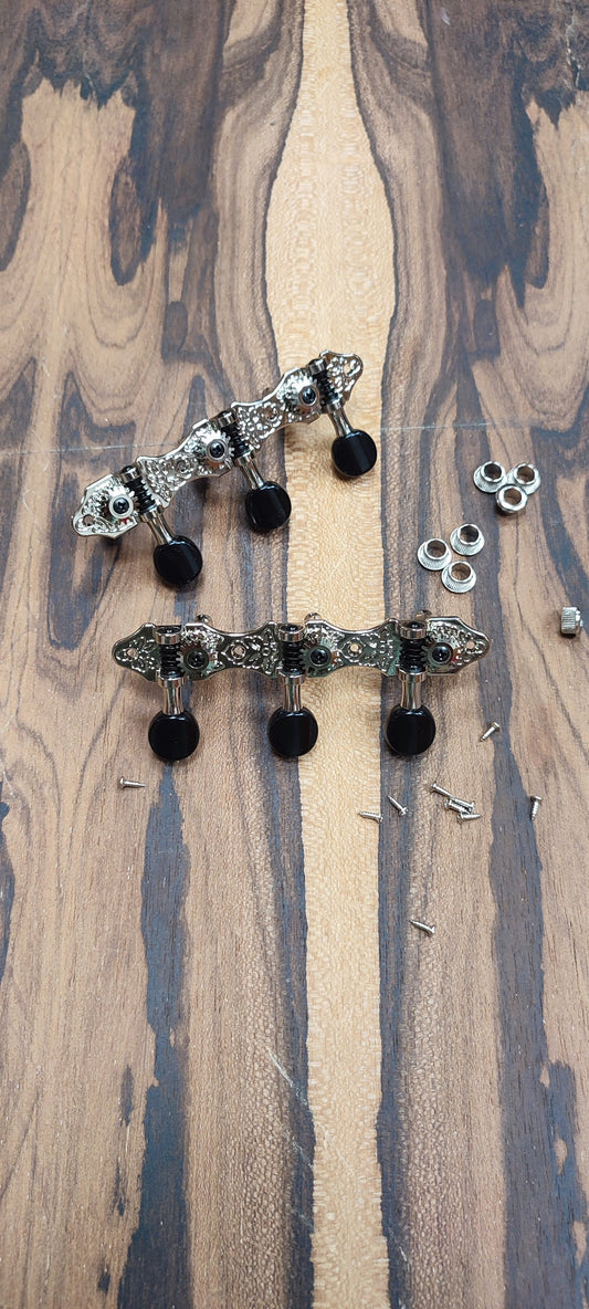 6string Bouzouki machine heads ~ Grover style Professional 6string Bouzouki tuners ~ Standard Headstock ~ Nickel Colour & Black Button