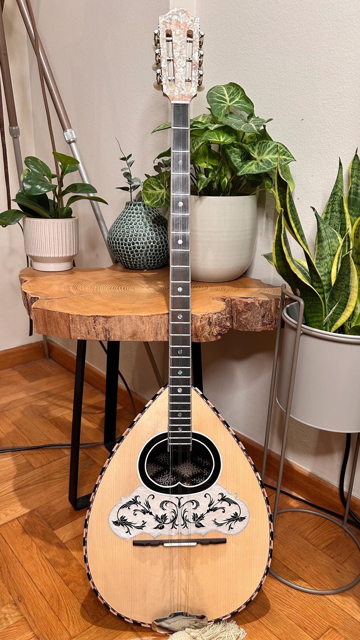 Professional Handmade 6-String Bouzouki with Greek Rebetiko Style - Black Pickguard Design and Abalone Shell Fretmarks
