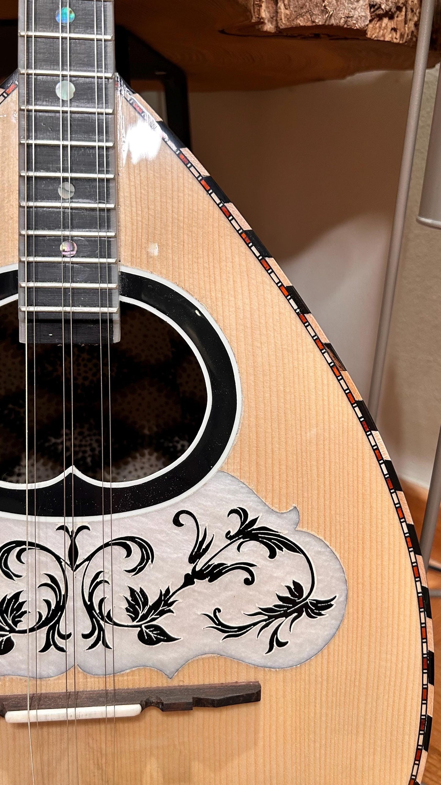 Professional Handmade 6-String Bouzouki with Greek Rebetiko Style - Black Pickguard Design and Abalone Shell Fretmarks