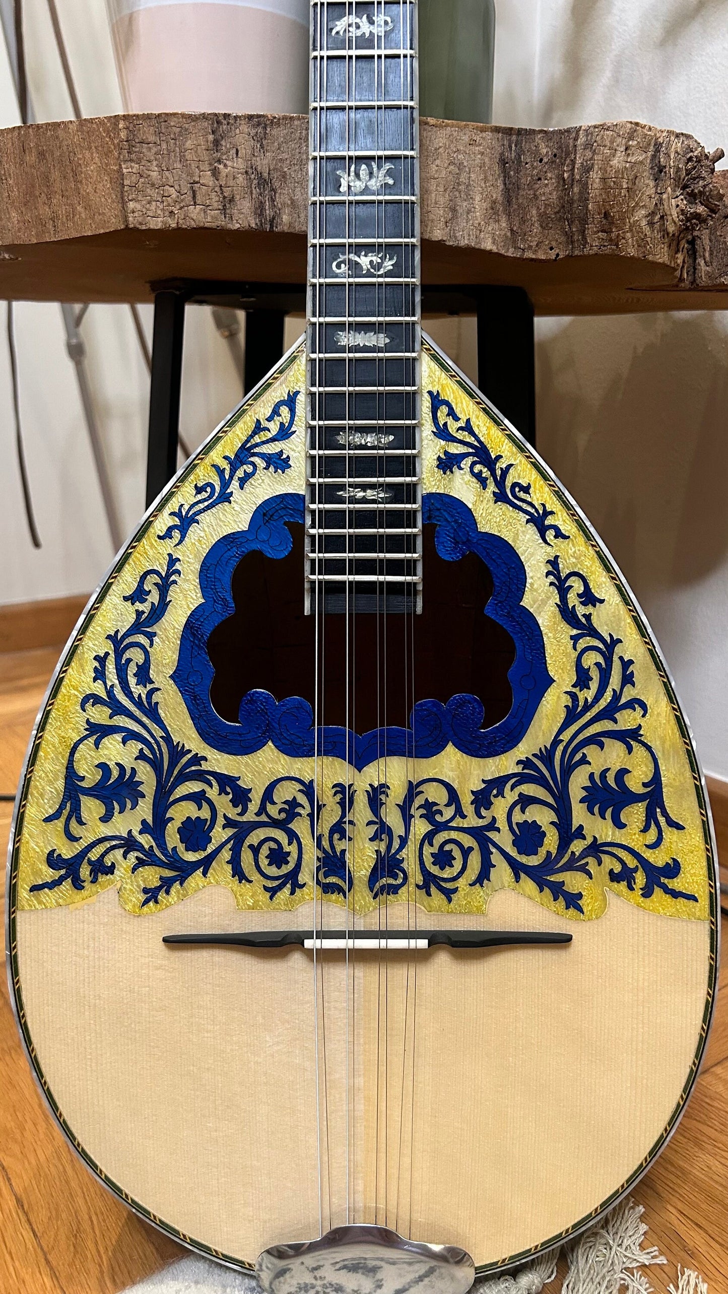 Professional Handmade 8-String Bouzouki with Greek Traditional Double-Action Truss Rod, Cellulose Vines & Flowers Top Decorations