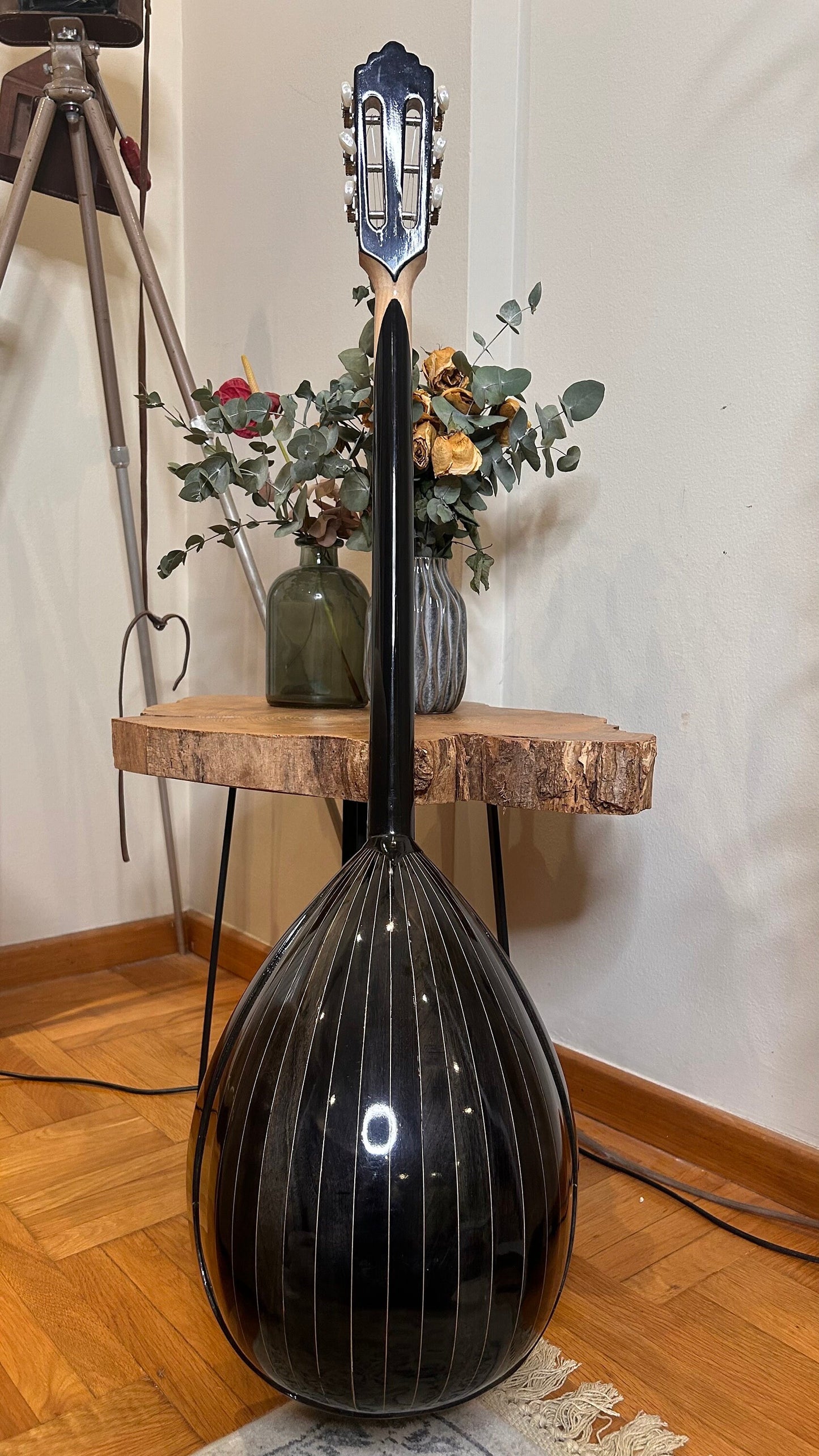 Professional Handmade 6-String Bouzouki with Greek Rebetiko Style - Total Black Design, Abalone Shell Binding, and Soundhole Decorations