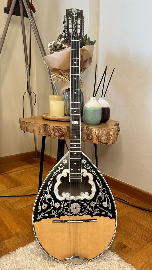 Professional Quality  Handmade 8-string Greek Traditional Bouzouki with Mother of Pearl Soundhole & Celluloid Vines/Flowers Decoration -