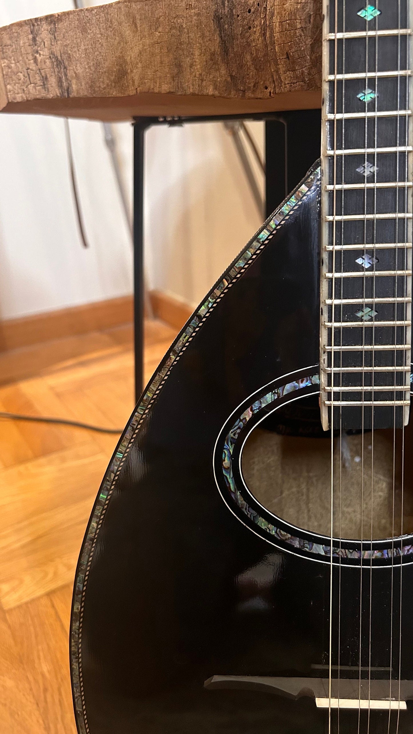 Professional Handmade 6-String Bouzouki with Greek Rebetiko Style - Total Black Design, Abalone Shell Binding, and Soundhole Decorations