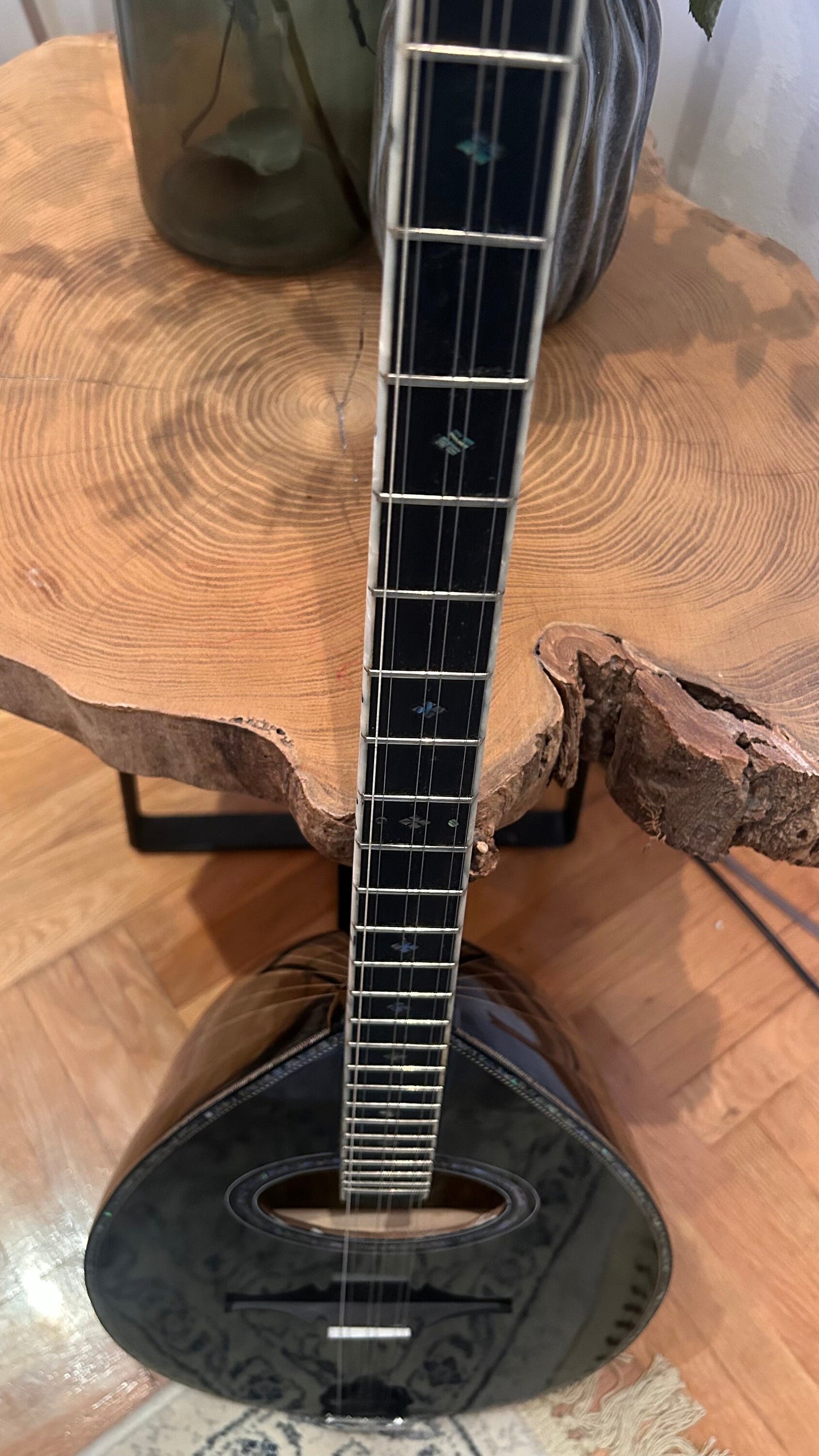 Professional Handmade 6-String Bouzouki with Greek Rebetiko Style - Total Black Design, Abalone Shell Binding, and Soundhole Decorations