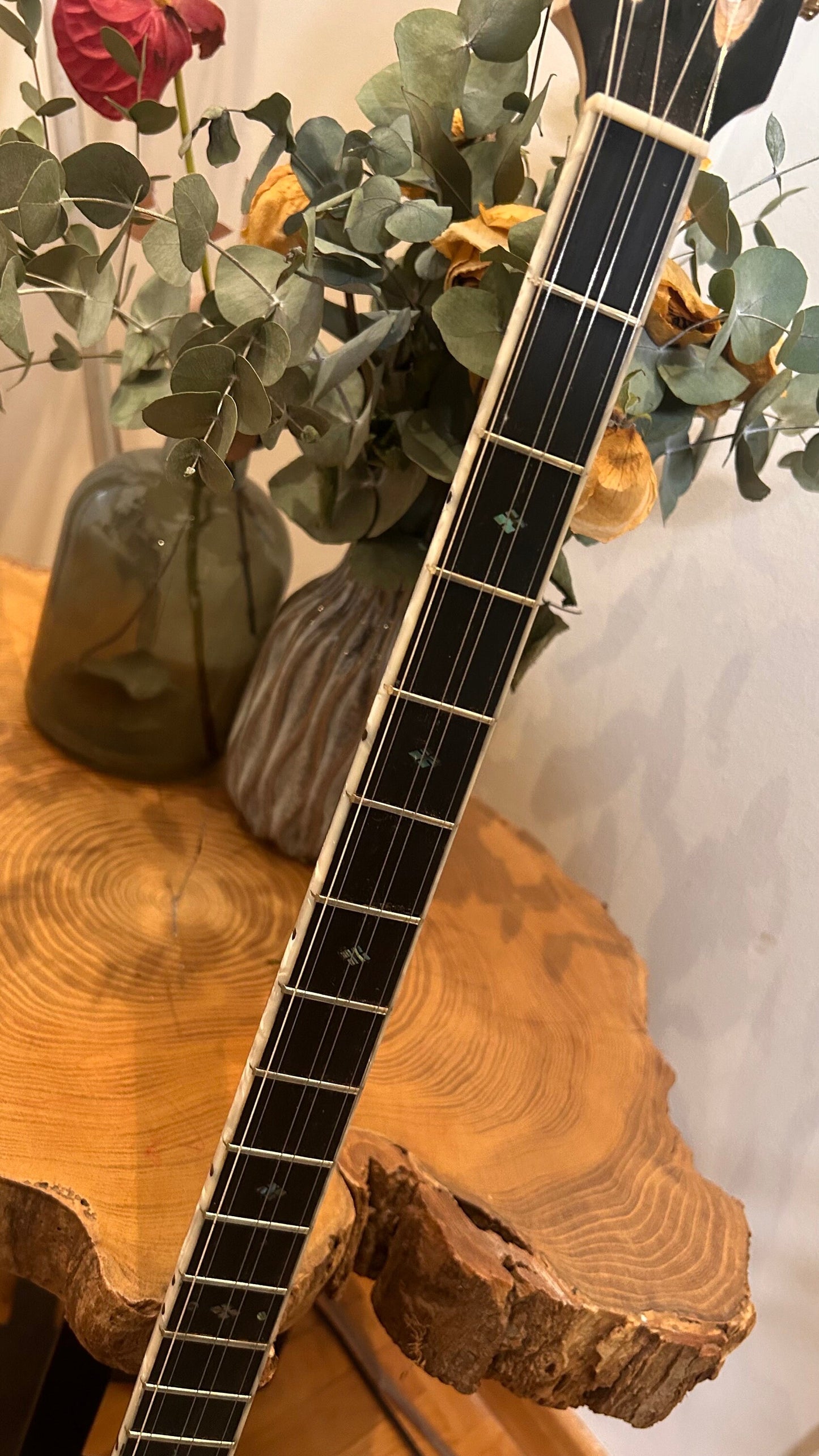 Professional Handmade 6-String Bouzouki with Greek Rebetiko Style - Total Black Design, Abalone Shell Binding, and Soundhole Decorations