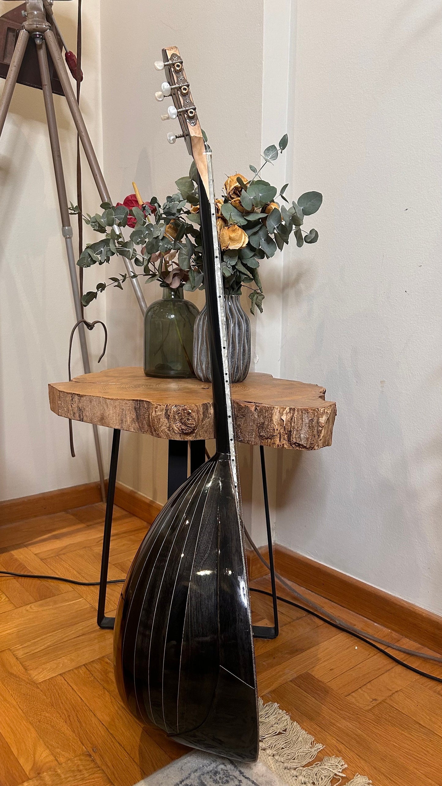 Professional Handmade 6-String Bouzouki with Greek Rebetiko Style - Total Black Design, Abalone Shell Binding, and Soundhole Decorations
