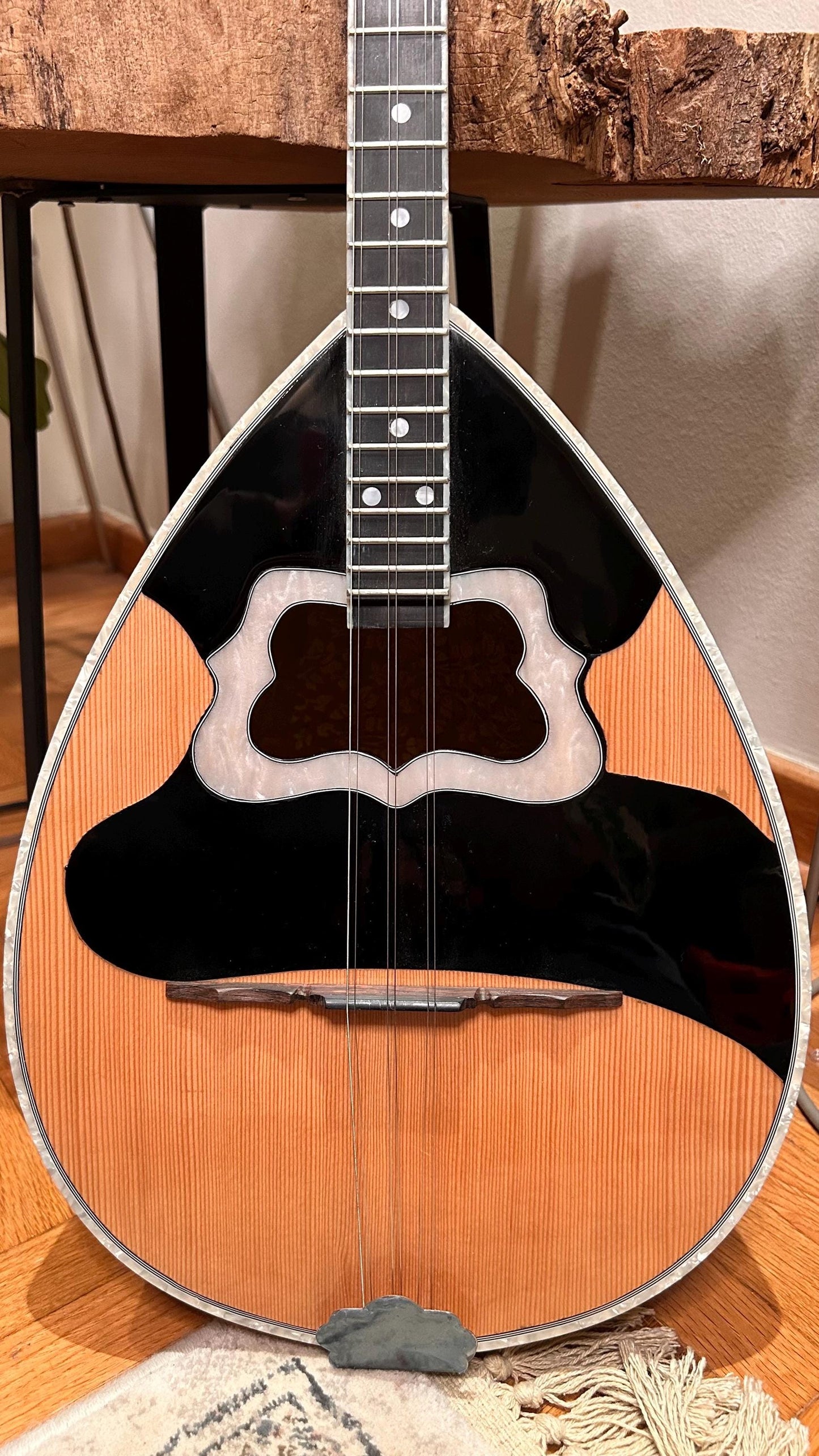 Professional Handmade 6-String Bouzouki with Greek Rebetiko Style - Black Pickguard Design and Abalone Shell Fretmarks