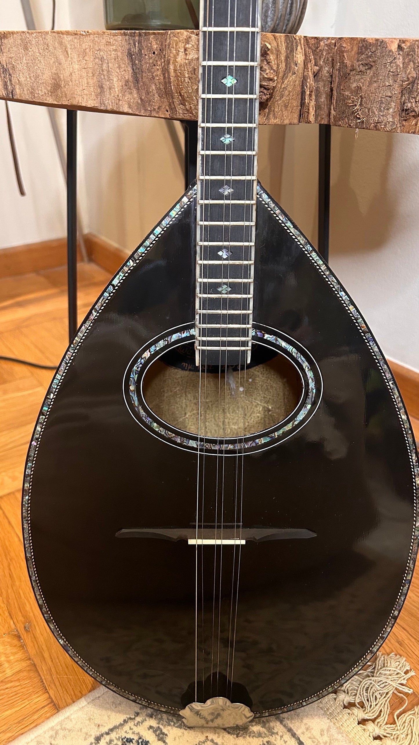 Professional Handmade 6-String Bouzouki with Greek Rebetiko Style - Total Black Design, Abalone Shell Binding, and Soundhole Decorations