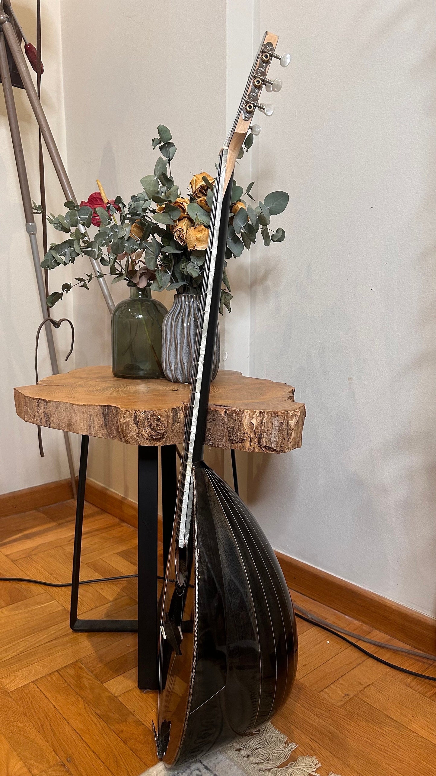 Professional Handmade 6-String Bouzouki with Greek Rebetiko Style - Total Black Design, Abalone Shell Binding, and Soundhole Decorations